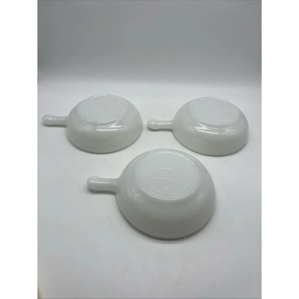 Vintage Glasbake Soup Bowls White Milk Glass Handled Crocks, Set of 3 With Lids